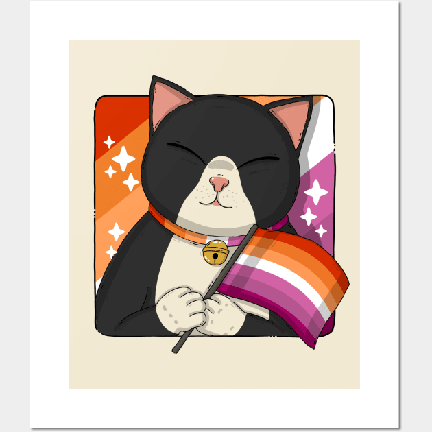 Cute Tuxedo Cat Holding Lesbian Pride Flag Wall Art by Japanese Neko